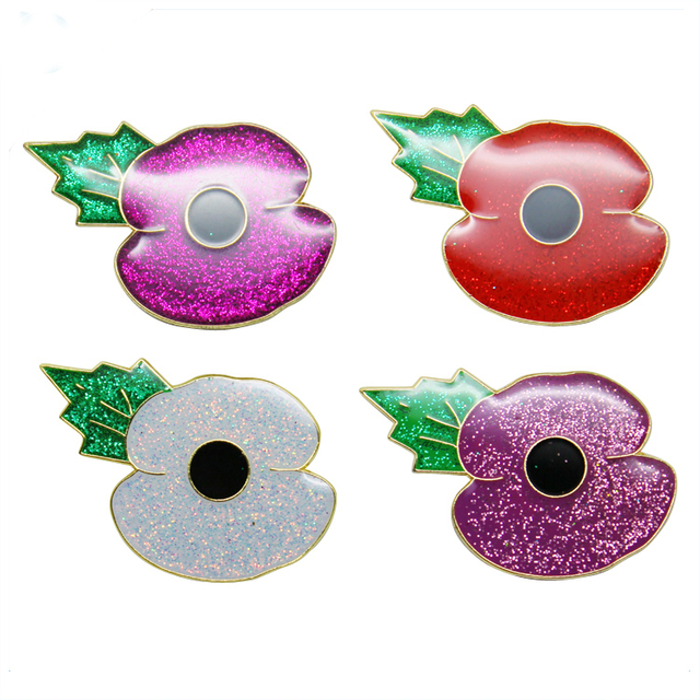 Épinglette en métal coquelicot à paillettes colorées avec époxy