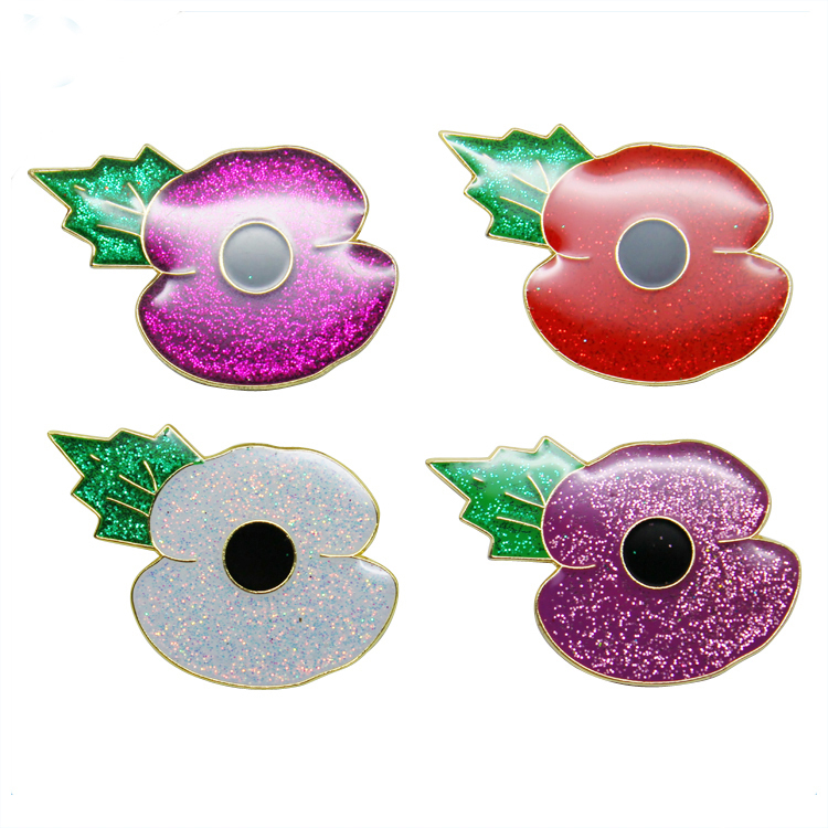 Épinglette en métal coquelicot à paillettes colorées avec époxy