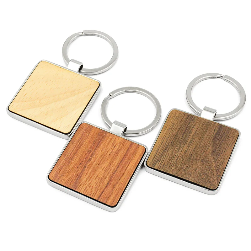 Porte-clés en bois vierges en vrac, idées carrées en gros, porte-clés sculpté