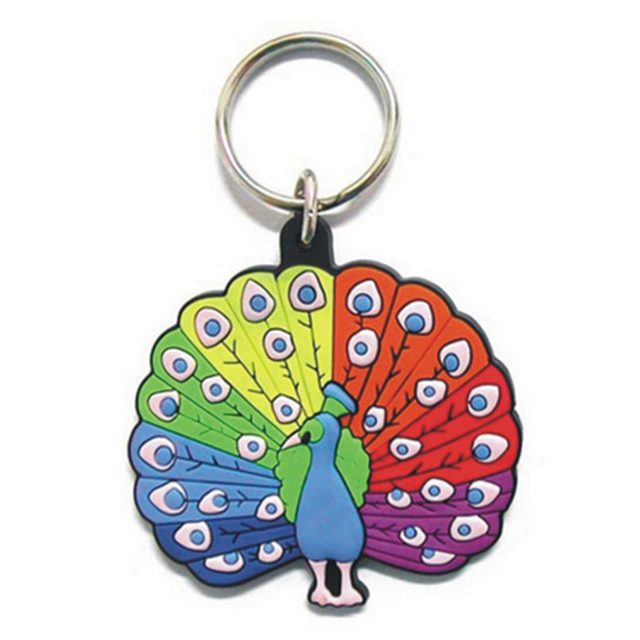 Porte-clés en PVC souple paon animal coloré en usine