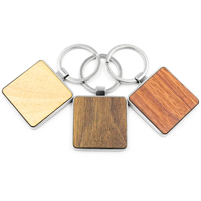 Porte-clés en bois vierges en vrac, idées carrées en gros, porte-clés sculpté