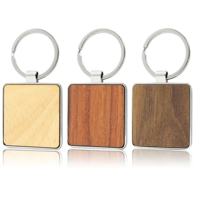 Porte-clés en bois vierges en vrac, idées carrées en gros, porte-clés sculpté