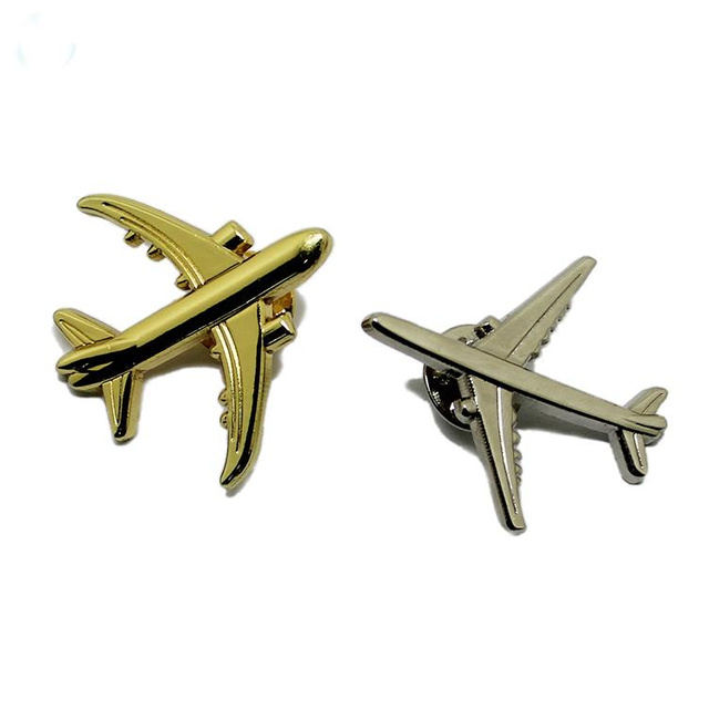 Épinglette en métal avion 3D or argent